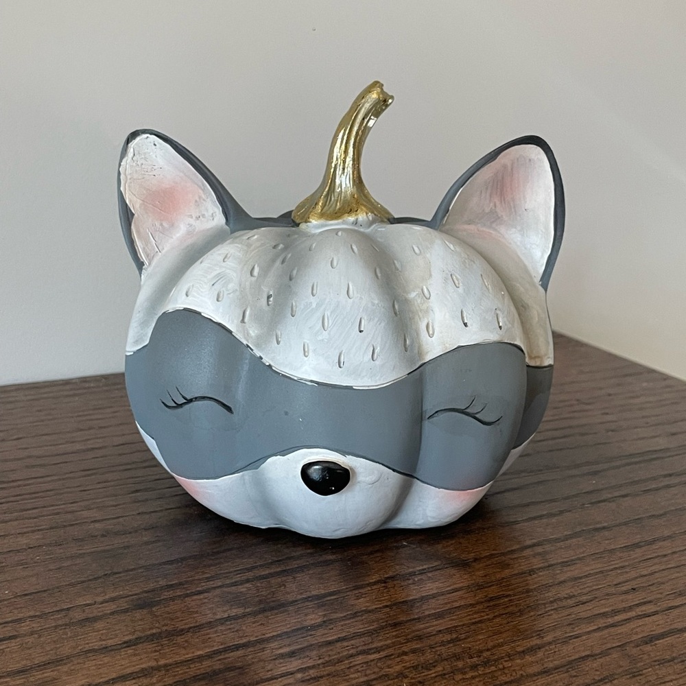 NEW FALL PUMPKIN Halloween Sleepy Raccoon Woodland Creature Resin with Gold Stem